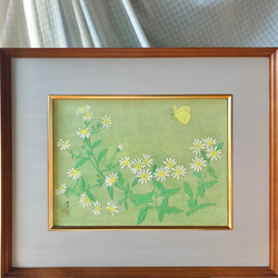 花　絵　植物画　癒し　可愛い　インテリア　額入り　日本画　『ゴマナ』秋 2枚目の画像