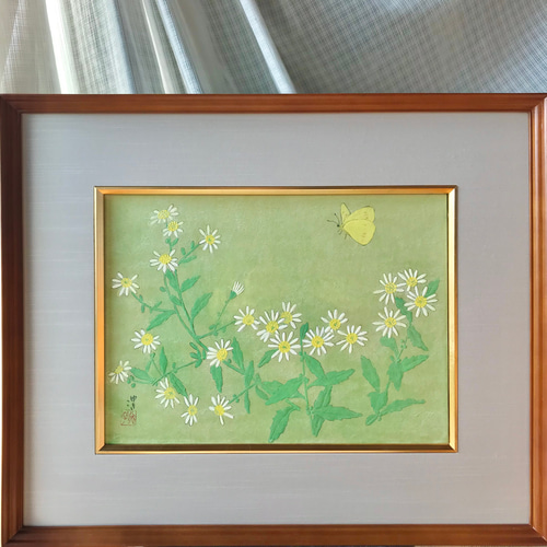 花 絵 植物画 癒し 可愛い インテリア 額入り 日本画 『ゴマナ』秋