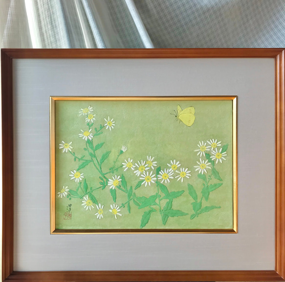 花　絵　植物画　癒し　可愛い　インテリア　額入り　日本画　『ゴマナ』秋 2枚目の画像