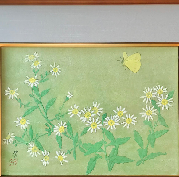 花　絵　植物画　癒し　可愛い　インテリア　額入り　日本画　『ゴマナ』秋 1枚目の画像