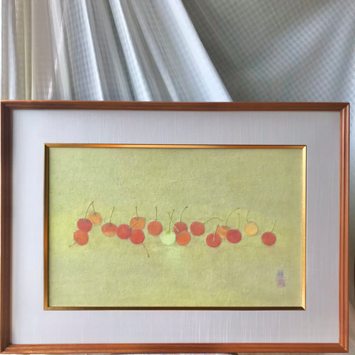 絵 果物 癒し 優しい 額入り 日本画 『 さくらんぼ 』 絵画