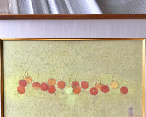 さくらんぼ 日本画 岩絵の具　キャンバスアート 1_e8aee1c6b42982b4195dbe14b019