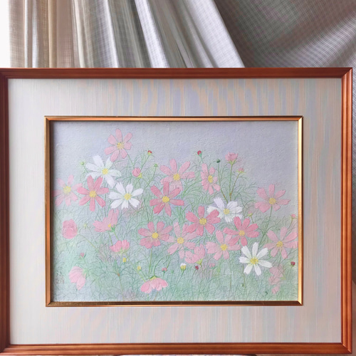 花 絵 植物画 癒し 優しい 額入り 日本画 『 コスモス 』 絵画 -YUKIKO
