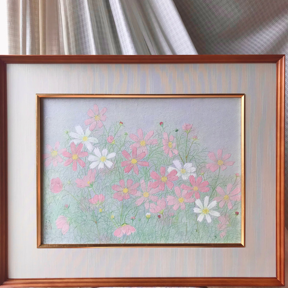 花　絵　植物画　癒し　優しい　インテリア　額入り　日本画　『 コスモス 』秋 7枚目の画像