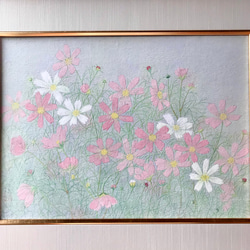 花　絵　植物画　癒し　優しい　インテリア　額入り　日本画　『 コスモス 』秋 2枚目の画像