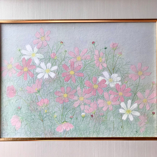 日本画 額装 あざみ 花 植物画 花 絵 植物画 癒し 優しい 額入り 日本画 『 コスモス 』 絵画 -YUKIKO