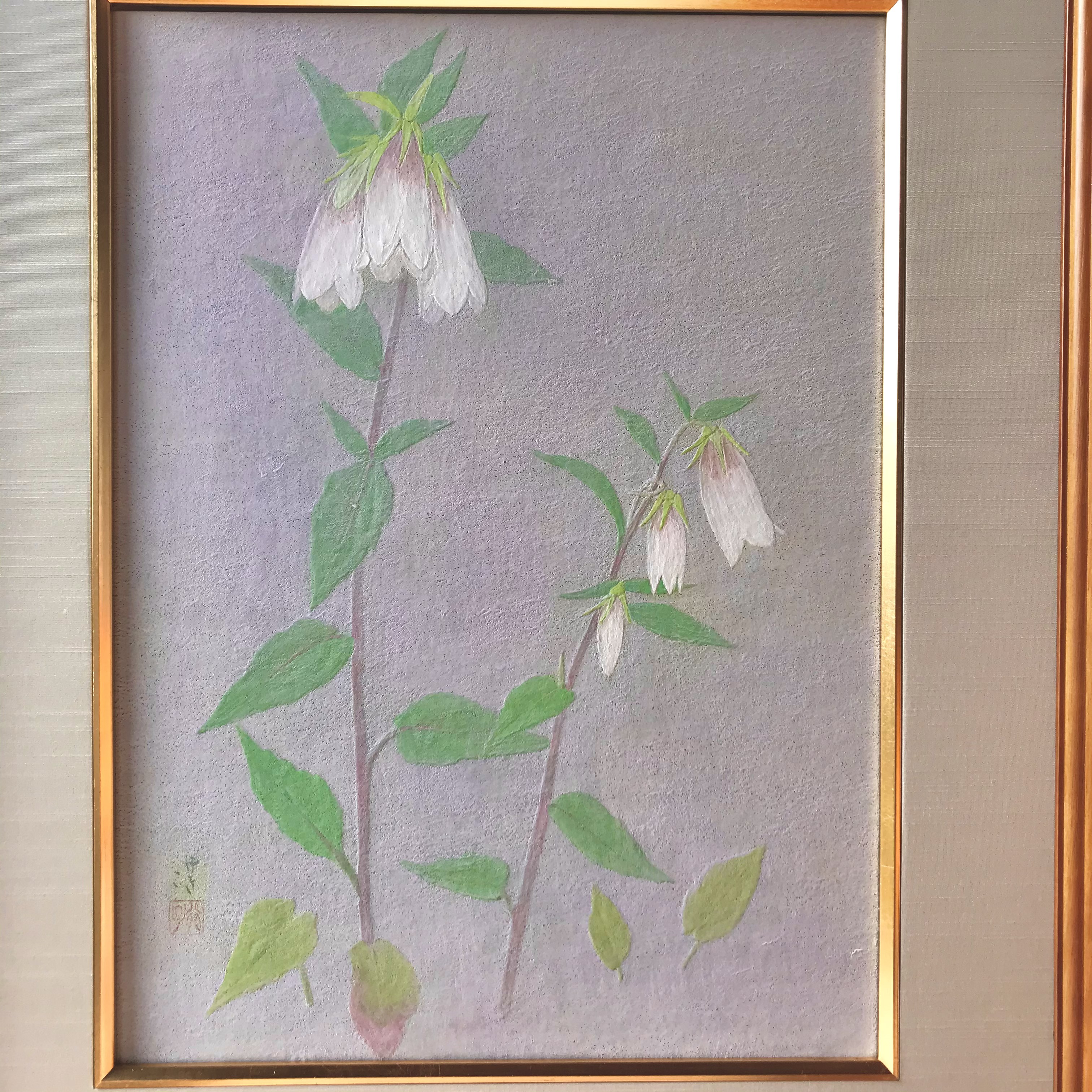 日本画 花の絵画 縦長　ホタルブクロ　岩絵の具　キャンバスアート 0_8a52c19a672e0d5e72560d921eba