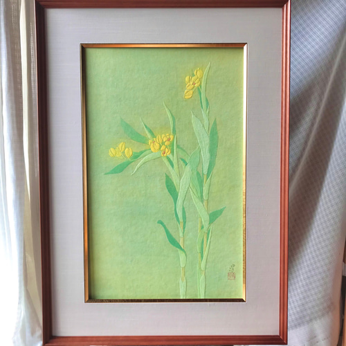 花 絵 植物画 癒し インテリア 額入り 日本画 『金らん』 絵画 -YUKIKO