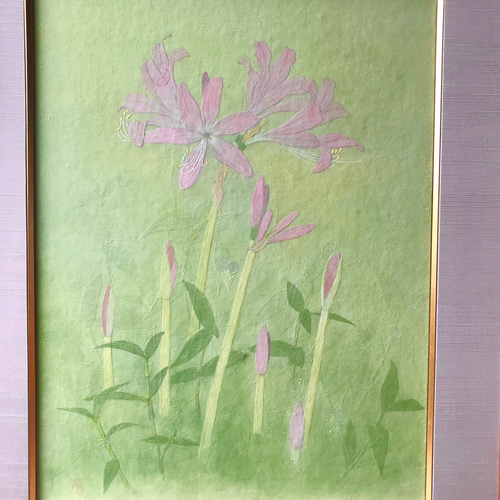 植物絵画　額入り 花 絵 植物画 インテリア 癒し 額入り 日本画 『葉みず花みず