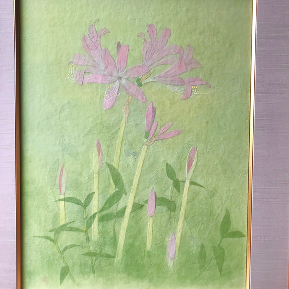 花　絵　植物画　インテリア　癒し　額入り　日本画　『葉みず花みず』 2枚目の画像