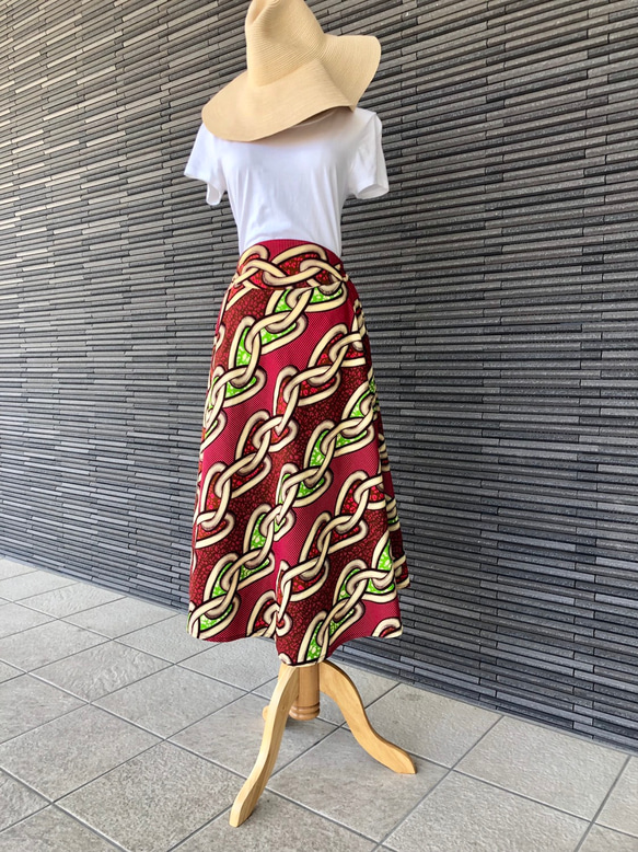 アフリカンバティックプリントの半円サーキュラースカート チェーンモチーフ 2枚目の画像