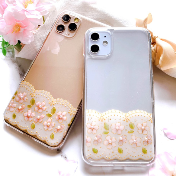 【レース柄】桜×パールのクリアiPhoneケース 1枚目の画像