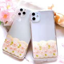 【レース柄】桜×パールのクリアiPhoneケース 3枚目の画像