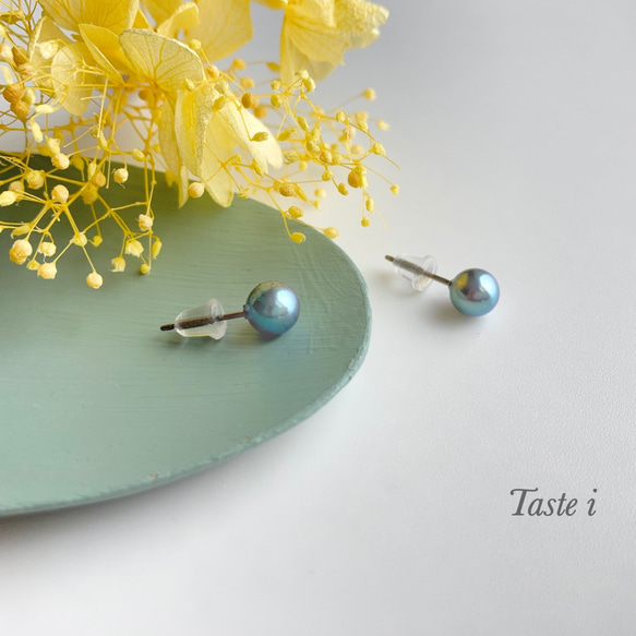 ♪再入荷♪【大人テイスト】アコヤパールグレー6ミリの1粒ピアス！《Blue Flower》シリーズ〔10018〕 2枚目の画像