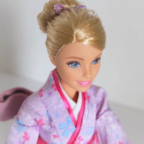 バービー人形 手作りの着物セット 振り袖 薄紫系 バービー人形本体付