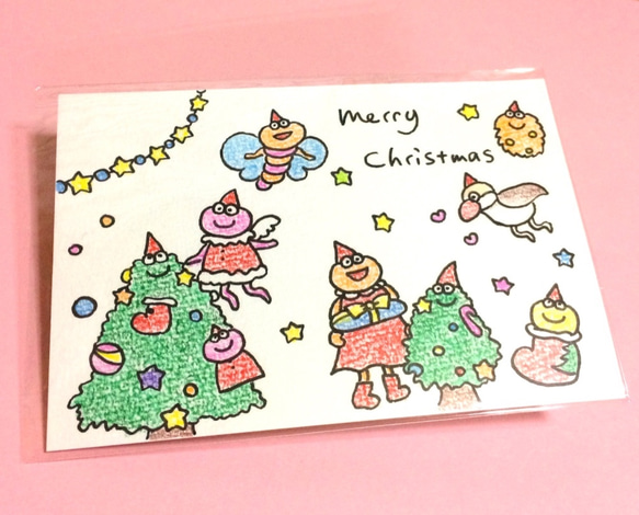 手描きクリスマスカード☆色鉛筆 〜シナモン文鳥も〜 2枚目の画像