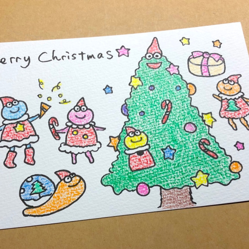 手描きアート　カラフルなクリスマスカード 手描きクリスマスカード☆色鉛筆 〜パーティ〜 絵画 etanan koti