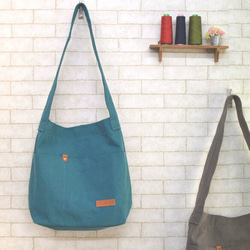 【受注製作】倉敷帆布の大きなたてながショルダー　ぶるーぐりーん 1枚目の画像