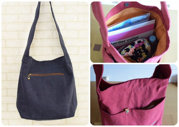 【受注製作】倉敷帆布の大きなたてながショルダー　ぶるーぐりーん 4枚目の画像