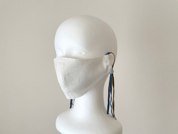 コットンリネンマスカフ/ホワイト　ストレッチリボンのタッセルつきマスク（リボンマスク） 6枚目の画像