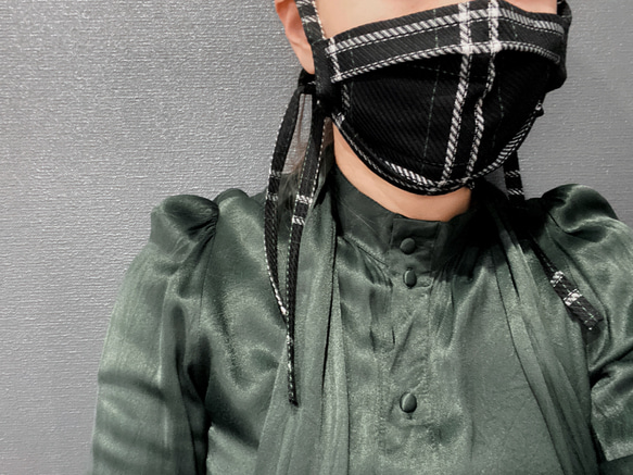 ⭐︎ウールマスク⭐︎ 防寒マスク 尾州ウール チェック柄マスク リボンマスク プリーツ型マスク 2枚目の画像