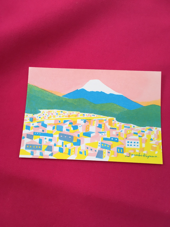 選べる3枚☆レトロかわいい富士山ポストカードセット『no.1 朝焼けに染まる町』 1枚目の画像