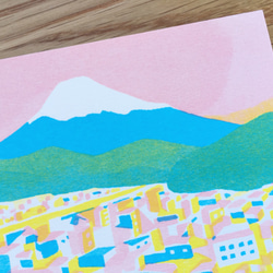 選べる3枚☆レトロかわいい富士山ポストカードセット『no.1 朝焼けに染まる町』 4枚目の画像