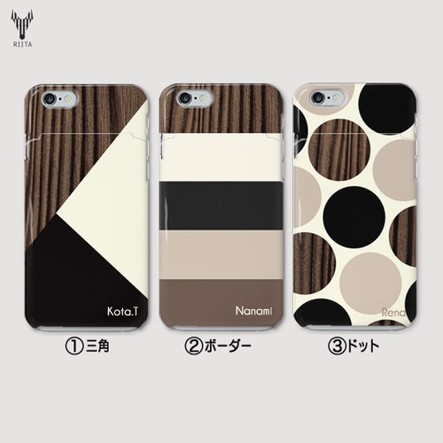 ミラー付きICカード収納ケース 木目×ブラック iPhoneケース 文字