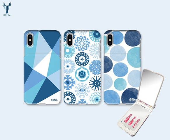 ミラー付きICカード収納ケース ブルー×ネイビー iPhoneケース 【送料