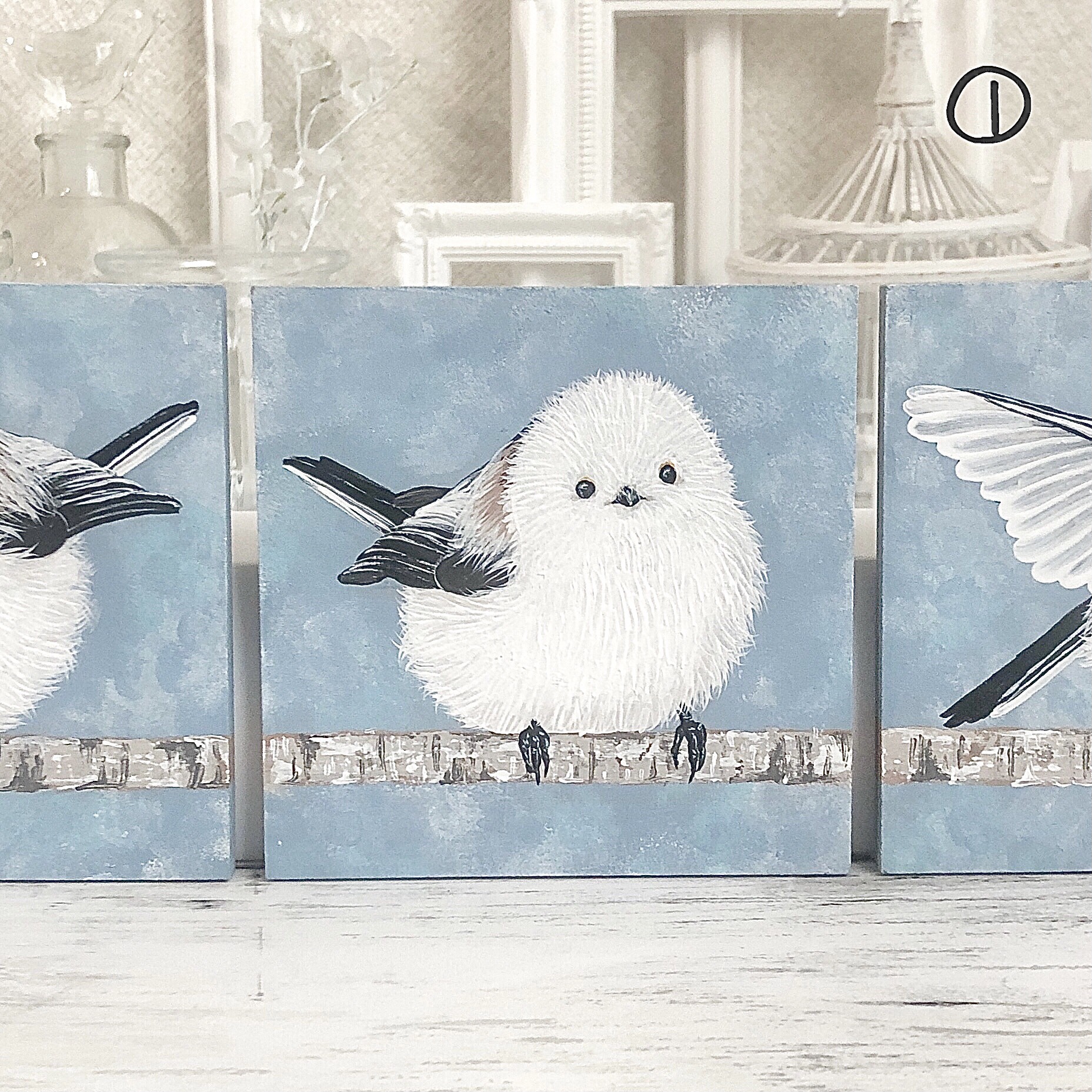 「一石二鳥」　シマエナガ　油絵　ミニ絵画　原画