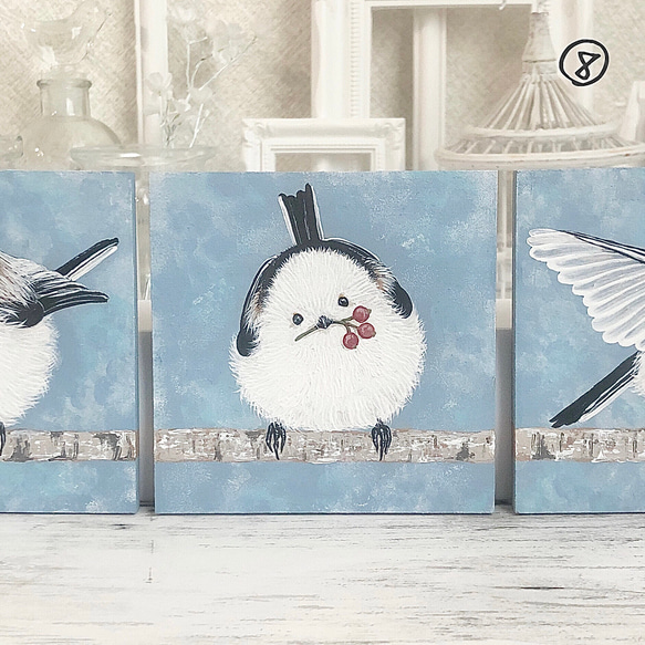 原画 並べて連なるシマエナガのミニ絵画⑧ 絵画 kira 通販 11756790