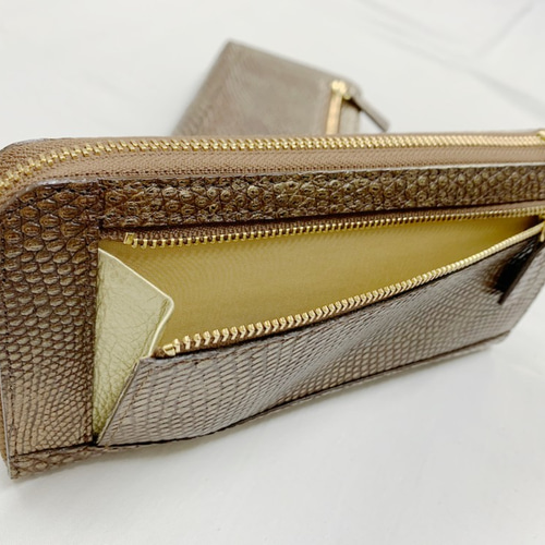 長財布 ゴールド エキゾチックレザー 財布 リザード ロングウォレット