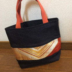 ハンドメイド ☆帯リメイクバッグ☆デニム無地切り替え 金糸