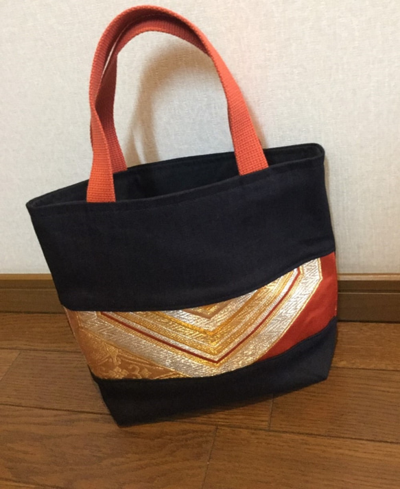 ハンドメイド ☆帯リメイクバッグ☆デニム無地切り替え 金糸