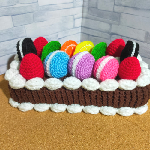 かぎ編み ティッシュボックスカバー チョコケーキ マカロン