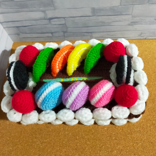 手編み ボックス ティッシュカバー フルーツケーキ かぎ編み ティッシュボックスカバー フルーツケーキ 編み物