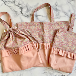 【リバティ】レッスンバッグ、シューズケース＆体操着袋⭐️ジェニーズリボンズ⭐️ホビーラホビーレ ピンク系 1枚目の画像