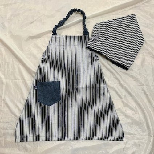 キッズエプロン・三角巾、120/130サイズ・ヒッコリー紺×デニム・BOYS 