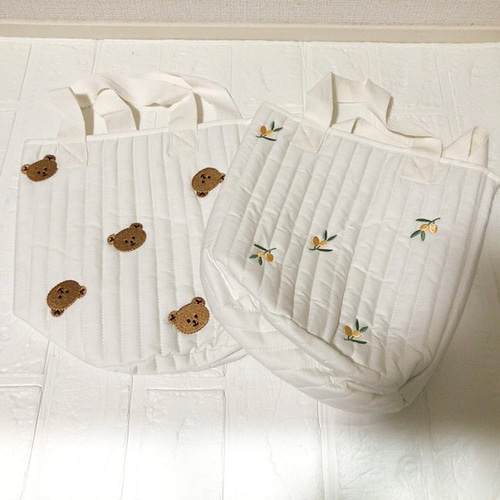 人気 バッグ くま キルティング 刺繍 マザーバッグ 筒型 収納 綿