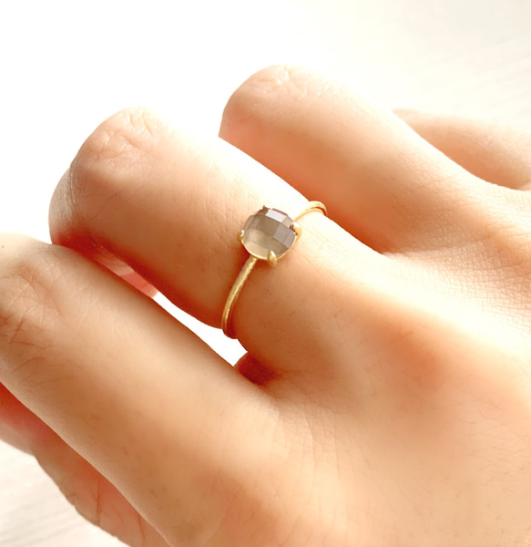 天然石　シェル×スモーキークォーツ　ラウンド　爪留めリング　指輪　silver 1枚目の画像