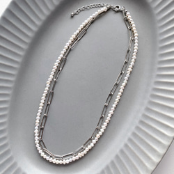 necklace  ♥︎  一点もの　♥︎  淡水パール×チェーン　ダブルネックレス　シルバー 1枚目の画像