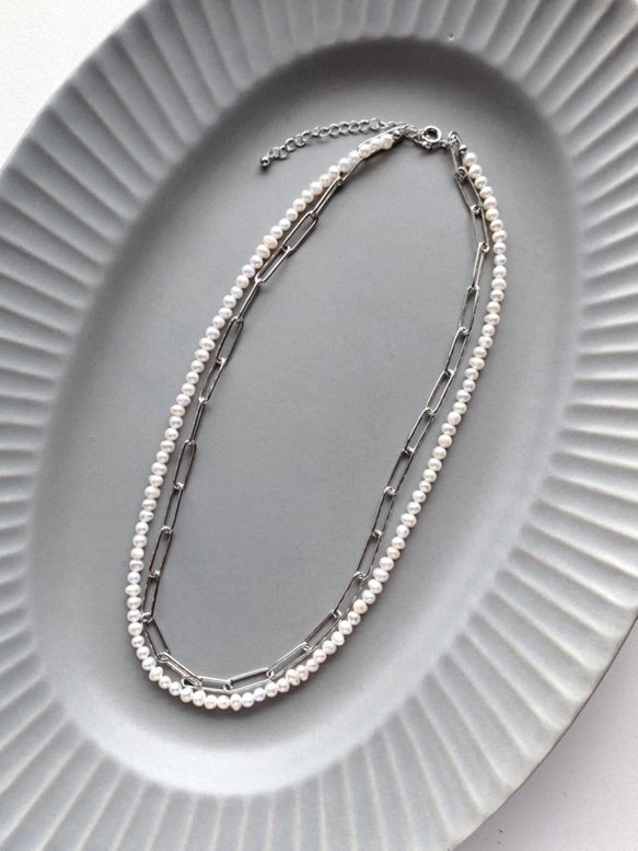 necklace  ♥︎  一点もの　♥︎  淡水パール×チェーン　ダブルネックレス　シルバー 1枚目の画像