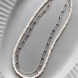 necklace  ♥︎  一点もの　♥︎  淡水パール×チェーン　ダブルネックレス　シルバー 2枚目の画像