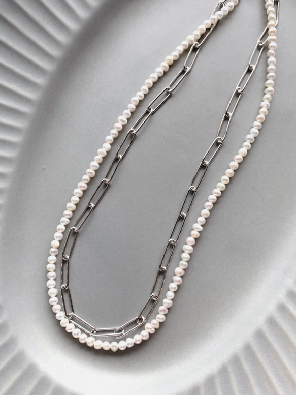 necklace  ♥︎  一点もの　♥︎  淡水パール×チェーン　ダブルネックレス　シルバー 2枚目の画像