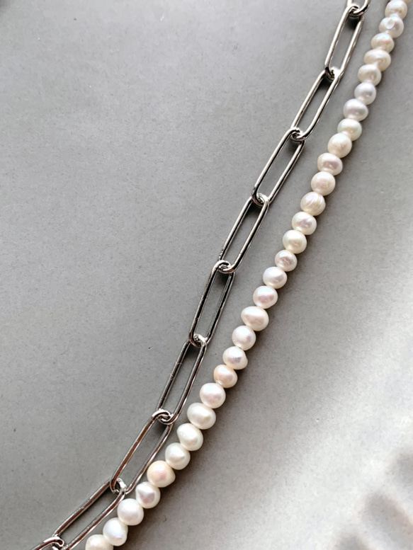 necklace  ♥︎  一点もの　♥︎  淡水パール×チェーン　ダブルネックレス　シルバー 3枚目の画像
