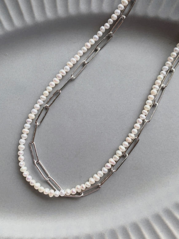necklace  ♥︎  一点もの　♥︎  淡水パール×チェーン　ダブルネックレス　シルバー 4枚目の画像
