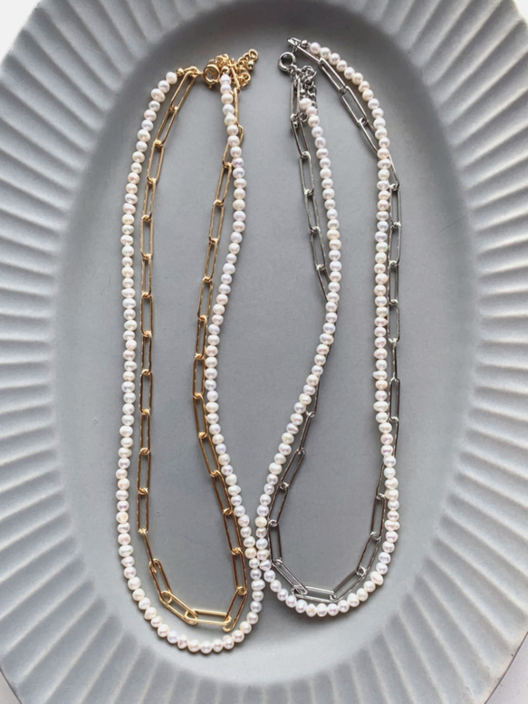 necklace  ♥︎  一点もの　♥︎  淡水パール×チェーン　ダブルネックレス　シルバー 5枚目の画像