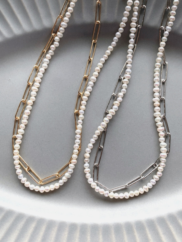 necklace  ♥︎  一点もの　♥︎  淡水パール×チェーン　ダブルネックレス　シルバー 6枚目の画像