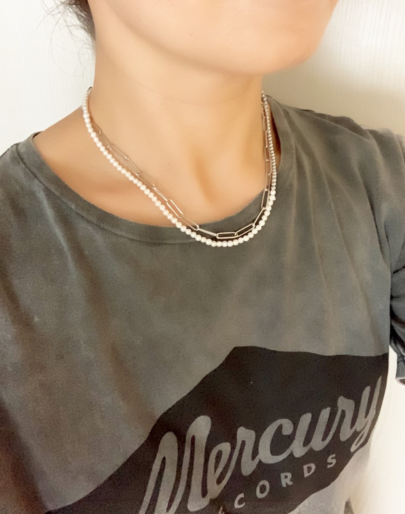 necklace  ♥︎  一点もの　♥︎  淡水パール×チェーン　ダブルネックレス　シルバー 7枚目の画像