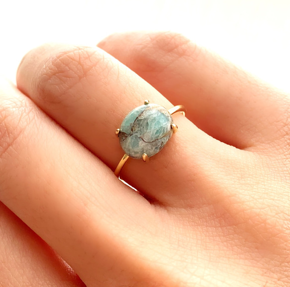 天然石　ブルーコッパーアマゾナイト　爪留めリング　指輪 1枚目の画像